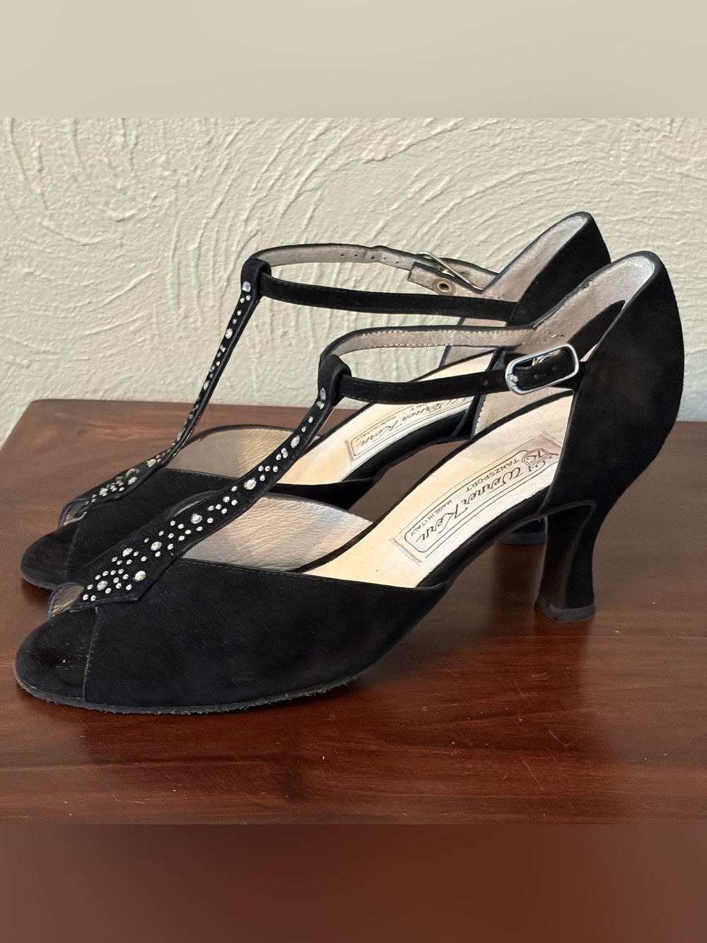 Werner Kern Black Leather T Strap Rhinestone Dance Heels Shoes Size 4.5 US 7